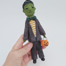 Load image into Gallery viewer, Spun cotton Frankenstein ornament, held in hand. Pic 4 of 8.