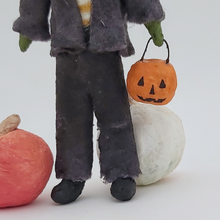 Load image into Gallery viewer, Close-up of spun cotton Frankenstein's jack-o-lantern bucket. Pic 5 of 8.