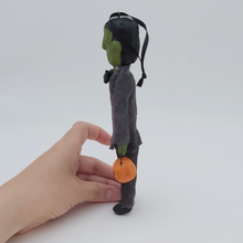 Load image into Gallery viewer, Side view of spun cotton Frankenstein ornament. Pic 6 of 8.