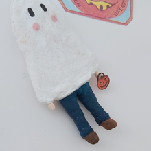 Load image into Gallery viewer, Closer photo of spun cotton ghost boy ornament. Pic 4 of 6.