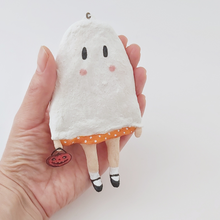 Load image into Gallery viewer, Spun cotton ghost girl ornament, held in hand for size comparison. Pic 2 of 6.