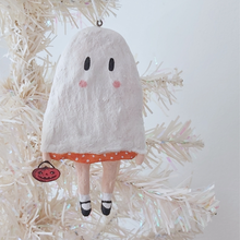 Load image into Gallery viewer, Spun cotton ghost girl ornament, hanging from white tree. Pic 3 of 6.