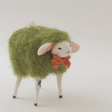 Load image into Gallery viewer, Another closeup of spun cotton green sheep ornament. Pic 5 of 6. 
