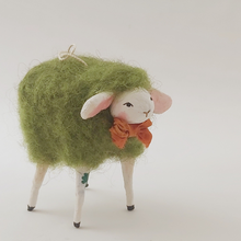 Load image into Gallery viewer, Another closeup of spun cotton green sheep ornament. Pic 5 of 6.