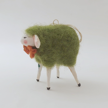 Load image into Gallery viewer, Side view of spun cotton green sheep ornament. Pic 6 of 6.