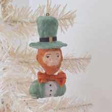 Load image into Gallery viewer, Spun cotton leprechaun ornament, hanging from white tree. Pic 3 of 7.