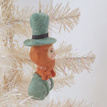 Load image into Gallery viewer, Opposite side view of spun cotton leprechaun, hanging from white tree. Pic 5 of 7.