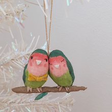 Load image into Gallery viewer, Spun cotton lovebirds ornament, hanging from tree. Pic 1 of 6.