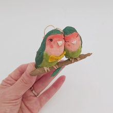 Load image into Gallery viewer, Spun cotton lovebirds ornament, held in hand for size comparison. Pic 2 of 6. 
