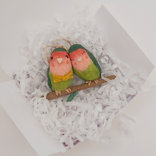 Load image into Gallery viewer, Spun cotton lovebirds ornament, laying white gift box with white tissue shredding. Pic 6 of 6.