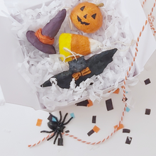 Cargar imagen en el visor de la galería, Spun cotton miniature ornaments laying in white gift box with white tissue shredding and orange bakers twine. Pic 1 of 6.