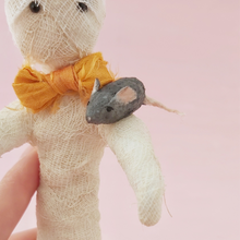 Load image into Gallery viewer, Another closeup of spun cotton mouse and mummy face. Pic 4 of 8.