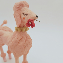 Load image into Gallery viewer, Closeup of spun cotton flower, in spun cotton poodle's mouth. Pic 3 of 7.