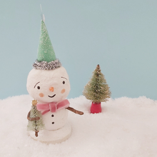 Load image into Gallery viewer, Spun Cotton Vintage Style Snowman sculpture standing next to miniature vintage Christmas tree. Picture 1 of 6.