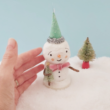 Load image into Gallery viewer, Hand next to spun cotton vintage style snowman, for size comparison. Picture 2 of 6.