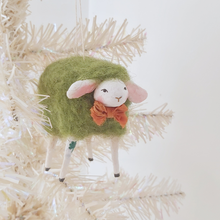 Load image into Gallery viewer, Spun cotton green sheep ornament, hanging on white tree. Pic 3 of 6.