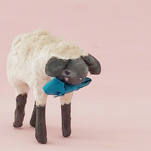 Load image into Gallery viewer, Vintage style miniature spun cotton sheep standing against a pink background. Pic 1 of 8.
