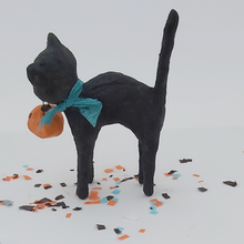 Load image into Gallery viewer, Side view of a vintage style spun cotton black cat against a white background. Pic 3 of 6.