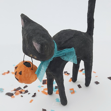 Load image into Gallery viewer, Closer side view of scarf worn by vintage style spun cotton black cat. Pic 6 of 6.