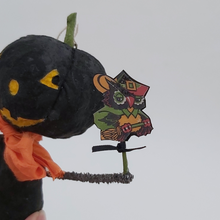 Load image into Gallery viewer, Close up of vintage style paper Halloween owl cut-out that spun cotton black jack-o'-lantern is holding on white background. Pic 3 of 8.