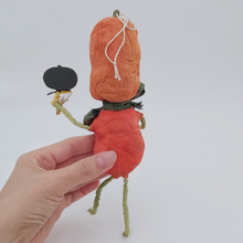 Cargar imagen en el visor de la galería, Back view of spun cotton jack-o'-lantern man, held in hand on white background. Pic 7 of 8..