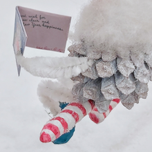 Load image into Gallery viewer, Another close up view of inside the vintage style snowman Christmas card held by the spun cotton pine cone elf. Pic 10 of 10.