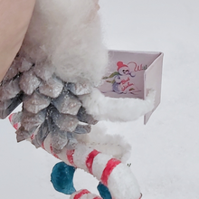 Load image into Gallery viewer, Close up view of inside of vintage style snowman Christmas card held by pine cone elf. Pic 9 of 10. 
