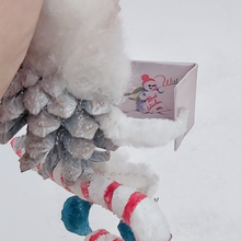 Load image into Gallery viewer, Close up view of inside of vintage style snowman Christmas card held by pine cone elf. Pic 9 of 10.