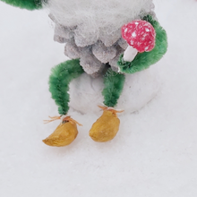 Load image into Gallery viewer, Close up of yellow spun cotton shoes and red mushroom held by spun cotton pine cone elf. Pic 7 of 9.