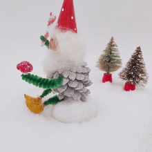 Load image into Gallery viewer, One last side view of vintage style spun cotton pine cone elf ornament. Pic 9 of 9.