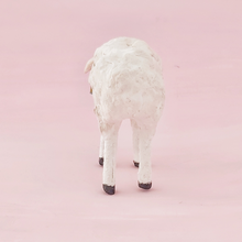 Load image into Gallery viewer, Back side view of vintage style spun cotton sheep, against a pink background. Pic 7 of 8.
