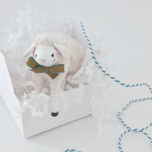 Load image into Gallery viewer, A spun cotton sheep hanging out of a white gift box against a white background. Pic 4 of 8.