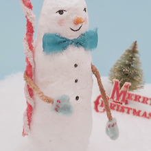 Cargar imagen en el visor de la galería, Another close up image of the vintage style spun cotton skinny snowman. Pic 4 of 6.
