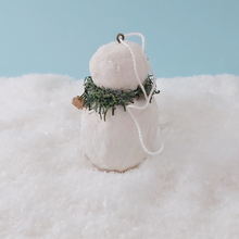 Load image into Gallery viewer, Back view of vintage style spun cotton snowman, standing on snow against a light blue background. Pic 6 of 11.