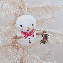 Load image into Gallery viewer, Vintage style spun cotton snowman ornament, hanging from white Christmas tree. Pic 3 of 7.