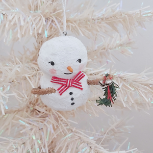 Vintage style spun cotton snowman ornament, hanging from white Christmas tree. Pic 3 of 7.