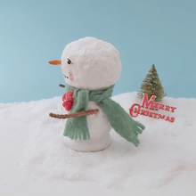 Load image into Gallery viewer, A side view of the vintage style spun cotton snowman. Pic 6 of 7.