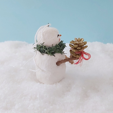 Load image into Gallery viewer, Another side view of vintage style spun cotton snowman holding vintage gold pine cone. Pic 7 of 11. 
