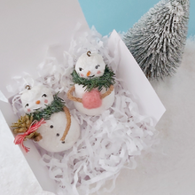 Load image into Gallery viewer, Vintage style spun cotton snowman and snow lady ornaments laying in white gift box on white tissue shredding. Pic 11 of 11.