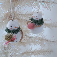 Load image into Gallery viewer, Vintage style spun cotton snowman and snow lady hanging from white tree. Pic 3 of 11. 
