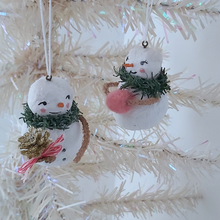Load image into Gallery viewer, Vintage style spun cotton snowman and snow lady hanging from white tree. Pic 3 of 11.