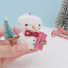 Load image into Gallery viewer, Vintage style spun cotton snowman, held in hand for size comparison. Pic 2 of 8.