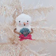 Load image into Gallery viewer, Vintage style spun cotton snowman holding a wreath, hanging on white Christmas tree. Pic  3 of 8.