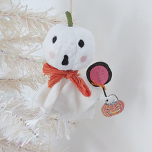 Load image into Gallery viewer, Vintage style spun cotton white jack-o-lantern ghost, hanging on white tree against white background. Pic 2 of 7.