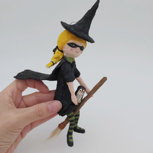 Load image into Gallery viewer, Showing cape detail on vintage style spun cotton witch ornament. Pic 5 of 10.