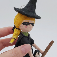 Load image into Gallery viewer, Close up of spun cotton witch's face. Pic 2 of 10.