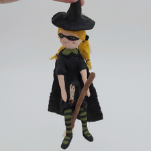 Load image into Gallery viewer, Front/side view of vintage style spun cotton witch ornament. Pic 7 of 10.