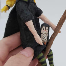 Load image into Gallery viewer, Owl close-up on vintage style spun cotton witch ornament. Pic 4 of 10.
