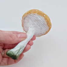 Load image into Gallery viewer, A view of the mushroom gills on the vintage style spun cotton yellow mushroom. Pic 3 of 4.