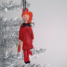 Load image into Gallery viewer, A spun cotton devil girl ornament  hanging on a silver tinsel tree branch against a white background.

